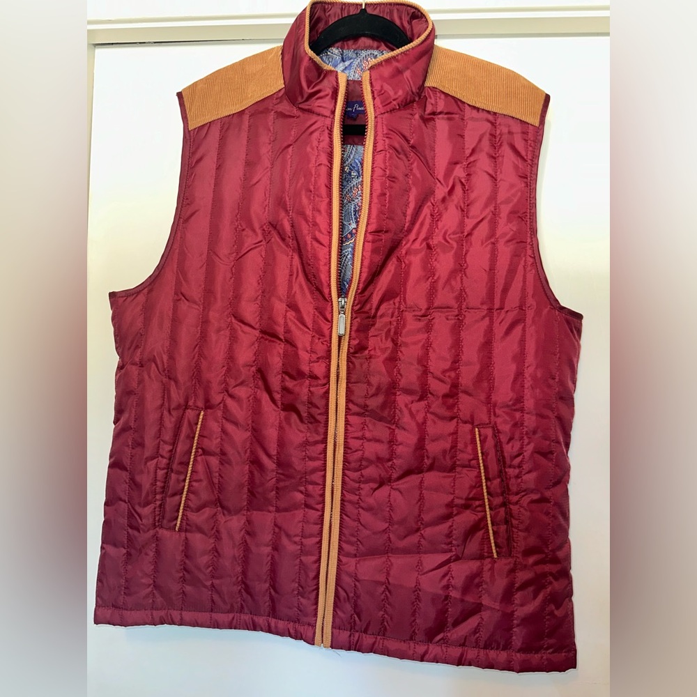 Alan Flusser Paisley Lined Burgundy Puffer Vest with Corduroy Trim in Size XL